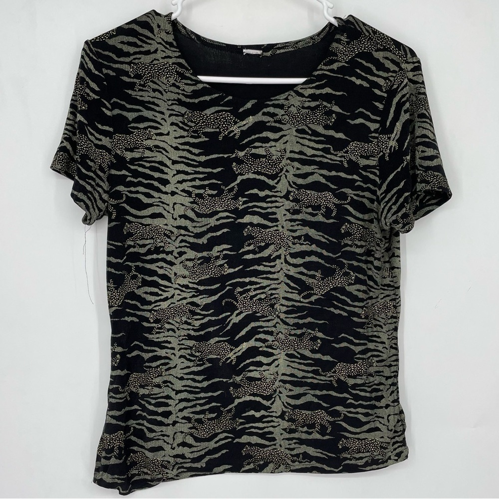 Vintage 70s Cheetah Animal Print Short Sleeve Tee T Shirt Stretch Large Medium